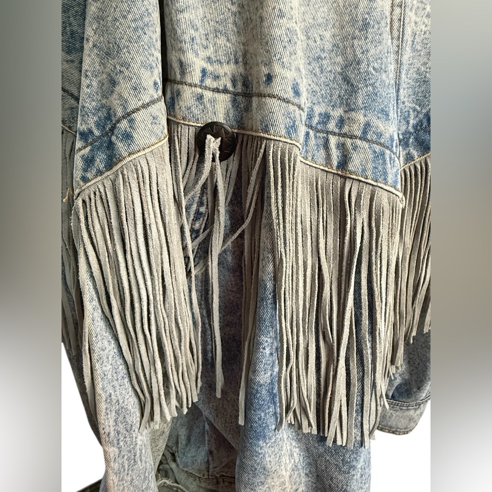 Vintage Rock Creek Distressed Fringe AcidWash Leather Fringe Jean Jacket Sz 18W - Picture 4 of 12